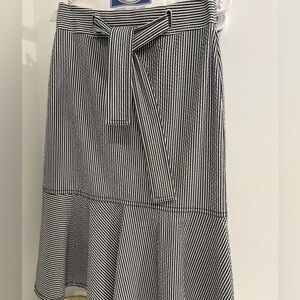 Ann Taylor Navy and White Striped Belted Midi Skirt